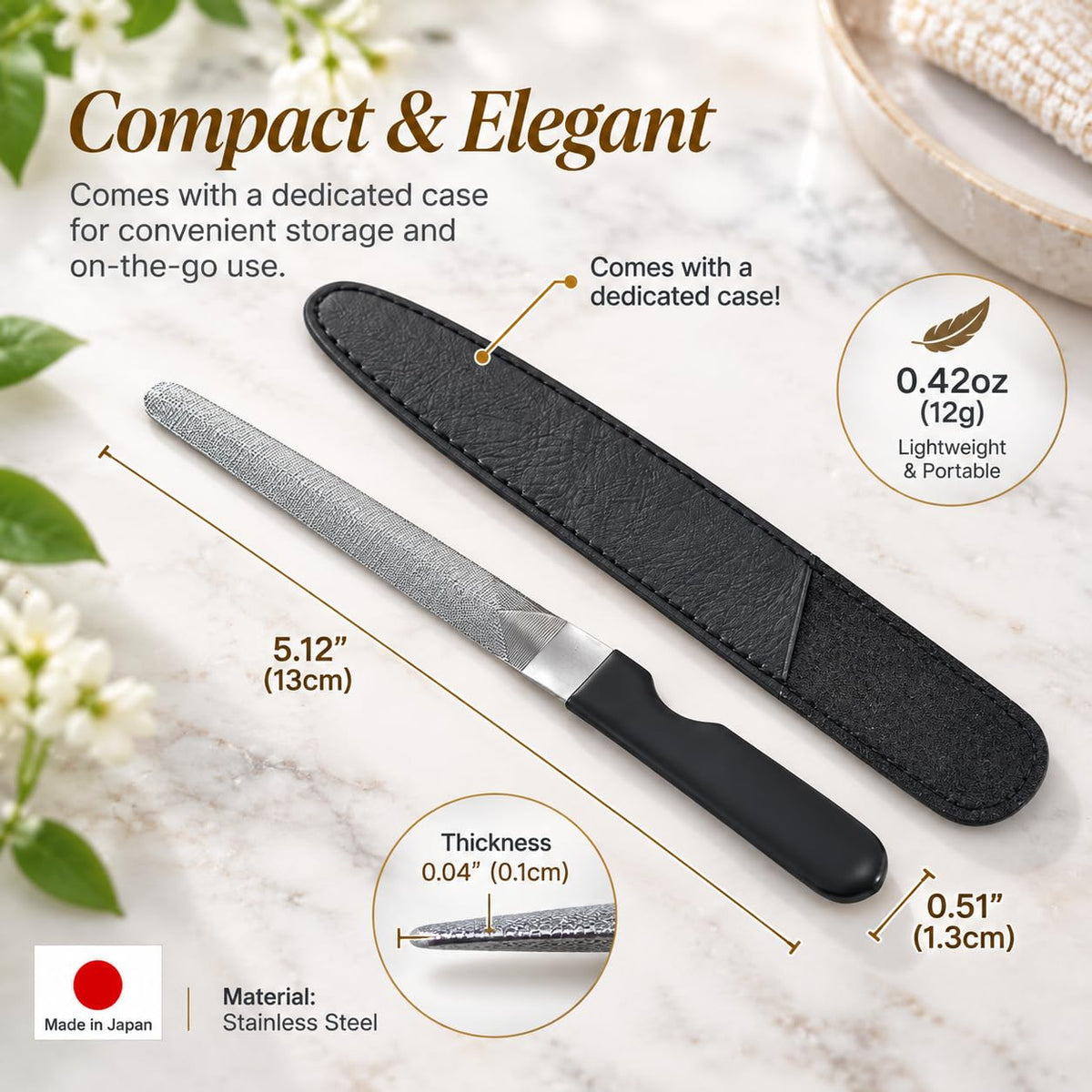 Curved Metal Nail File, Fine Grit Stainless Steel File Made in Tsubame, Japan, with Black Case, 13 cm