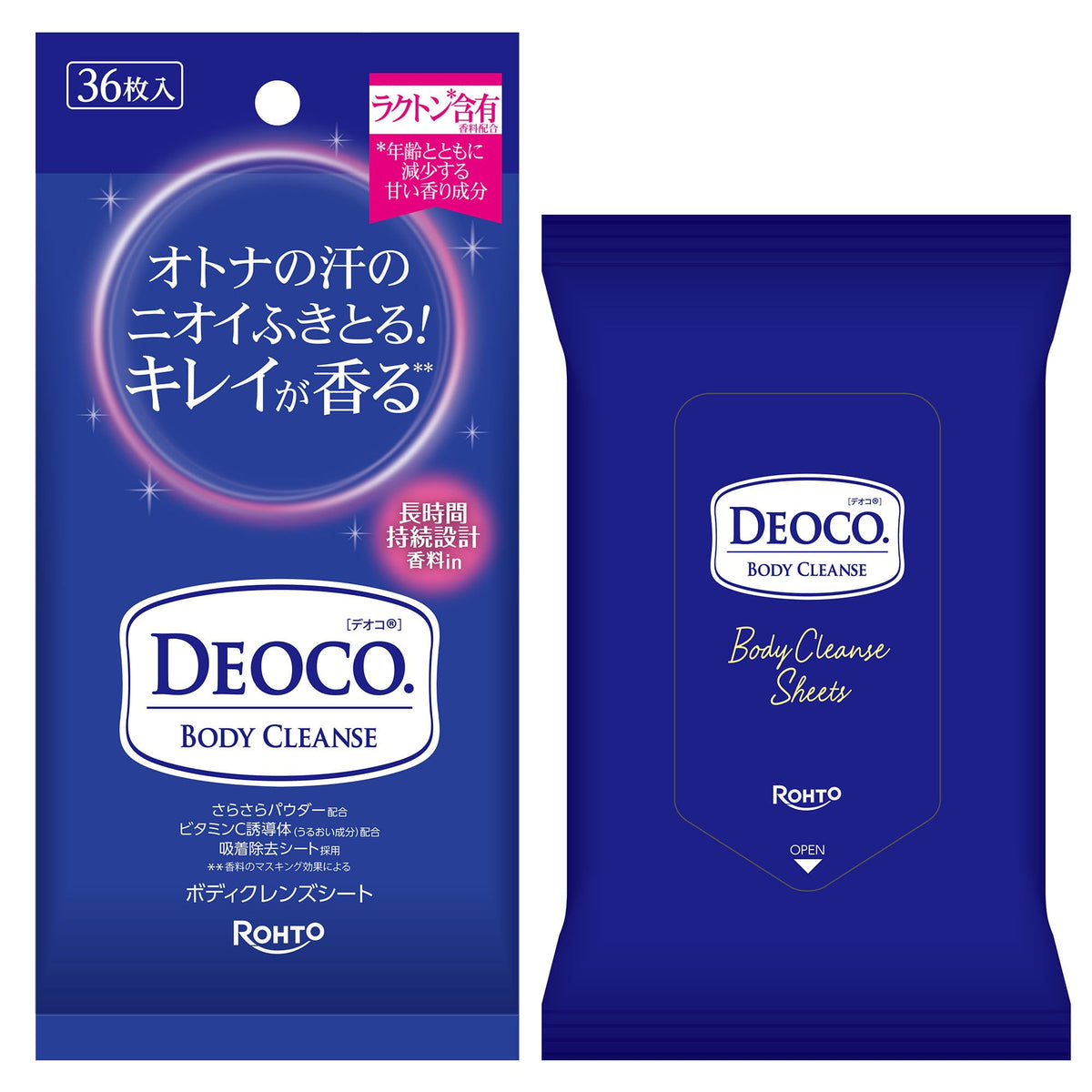 Deoco Body Cleanse Sheets 36 Sheets, Body Wipes with Lactone Fragrance, Powder and Vitamin C Derivative, Sweet Floral Scent