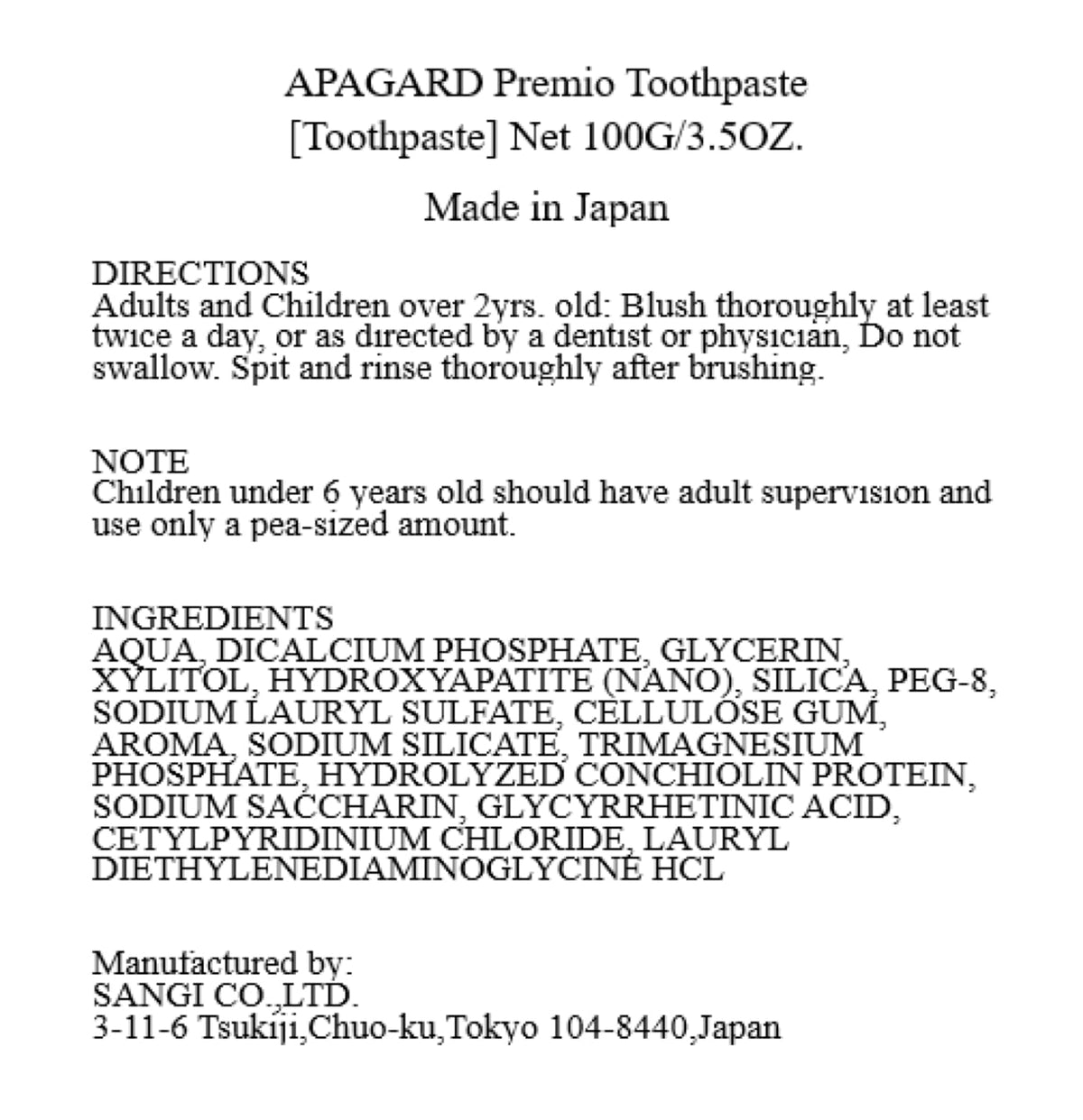 APAGARD Premio Medicated Hydroxyapatite Toothpaste, Double Mint, 100 g