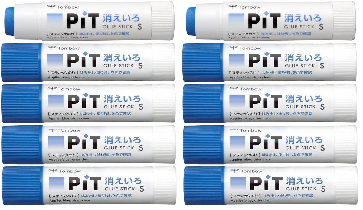 Tombow PiT Colour-Vanishing Glue Stick S 10 g HCA-513, Blue Glue that Dries Clear for Paper, Craft Paper and Card, 20 x 87 mm and 20 g per Stick, 10 Sticks