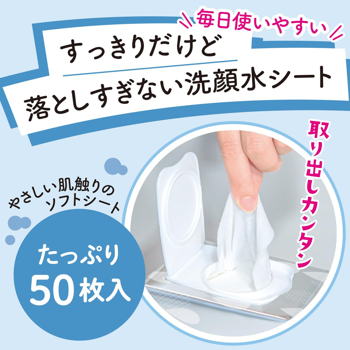 Raquick Wipe-Off Face Wash Water Sheets, 50 Sheets, Face Wash and Lotion in One Sheet, Alcohol-Free and Fragrance-Free