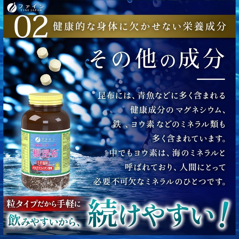 Fine Japan Kelp Root Extract Tablets with Mekabu Fucoidan, Hokkaido Kelp Root with Iodine, Iron and Magnesium, Lightly Salted, 500 Tablets for 50 Days