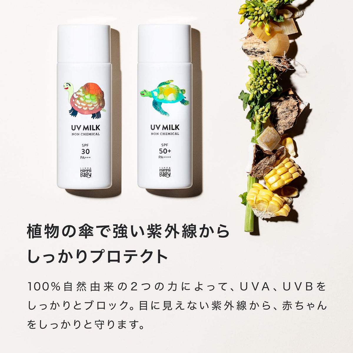 Mamma Baby Non-Chemical UV Milk, Plant-Derived Mineral Sunscreen without UV Absorbers or Silicone, Soap-Off, SPF50+ PA++++ or SPF30 PA+++, 50 mL
