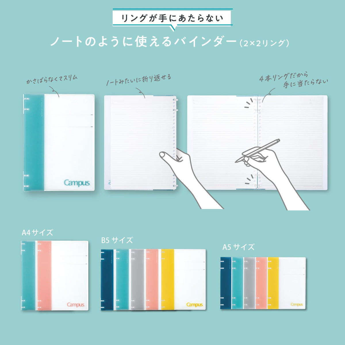 KOKUYO Campus Notebook-Style Loose-Leaf Binder A5 2 x 2 Ring NP134, Slim Binder with Separate Top and Bottom Rings and Up to 40 Sheets, 217 x 162 x 14 mm, Pink, Grey, Yellow, Navy or Light Blue