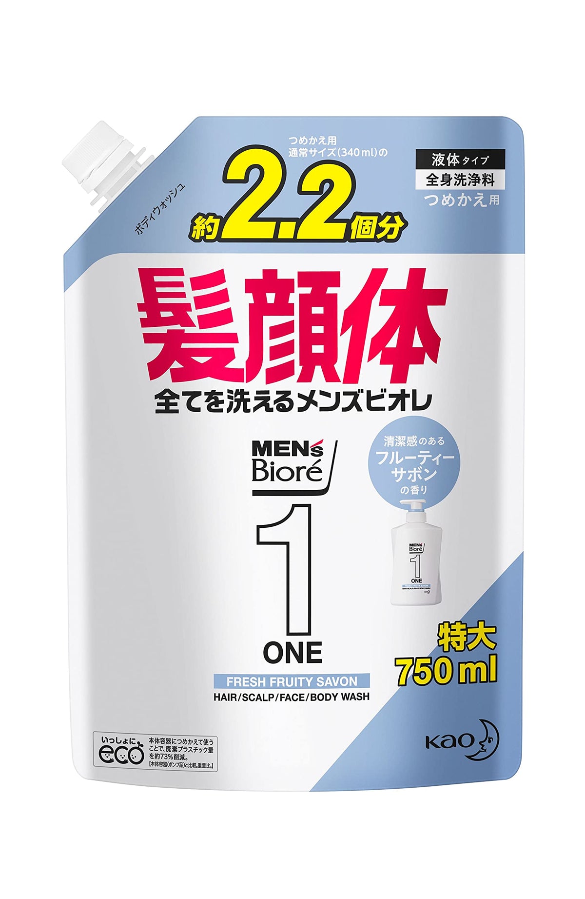 Men's Bioré ONE All-in-One Hair, Scalp, Face and Body Wash, Fresh Fruity Savon Scent, 480 mL Pump / 750 mL / 1280 mL Refill