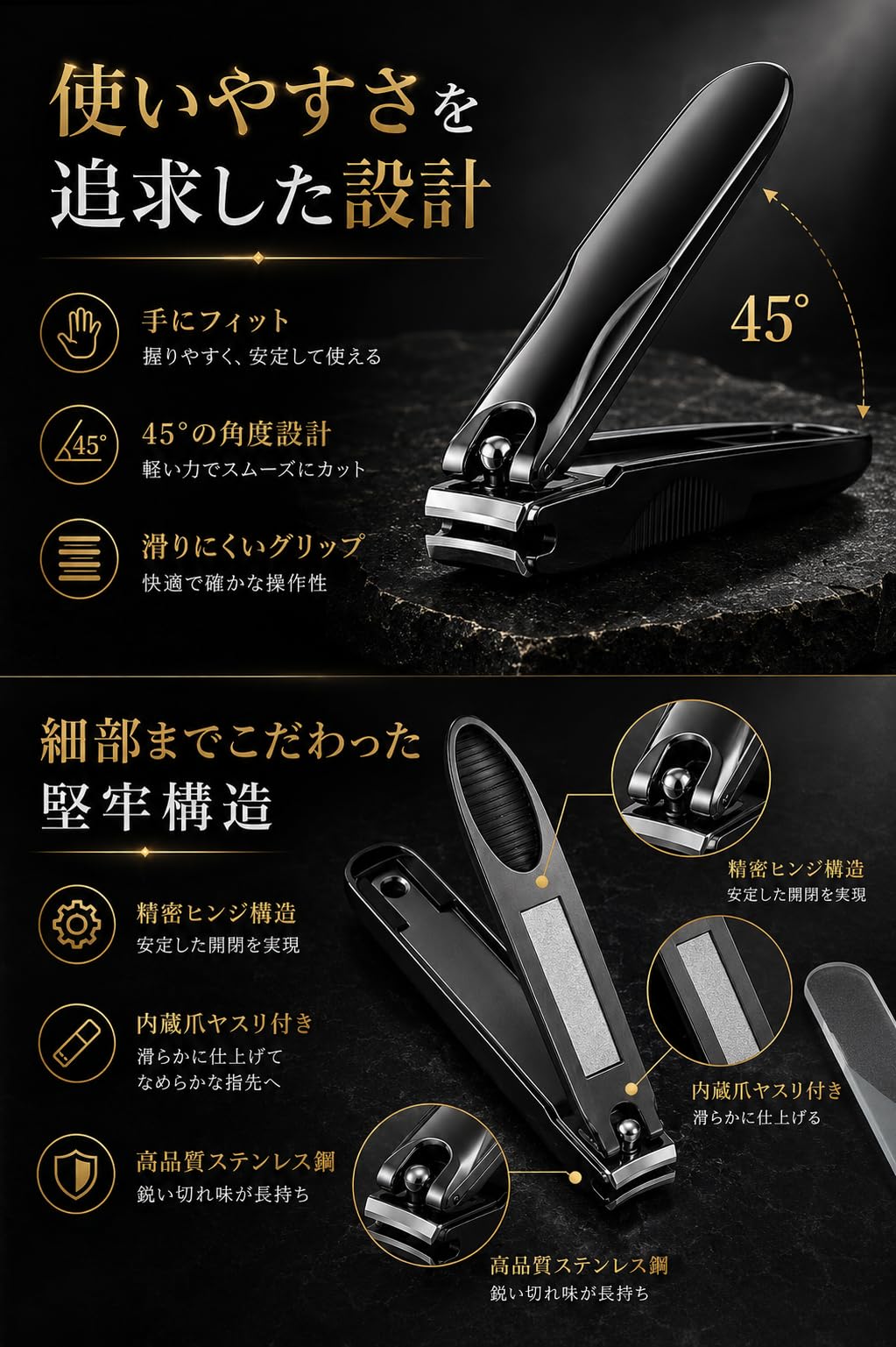 WFW Nail Clipper, Black Stainless Steel Nail Clippers with Curved Blade, Splatter Guard and Built-in File for Hands and Feet