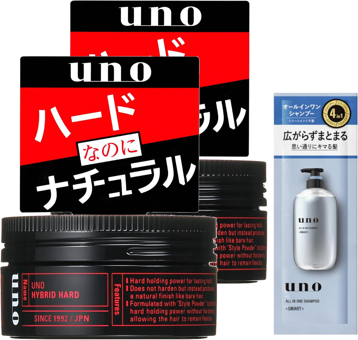 UNO Men's Hair Wax, 80g x 2 Set Plus Sample, Matte Effector, Hybrid Hard, Extreme Hard Or Wet Effector