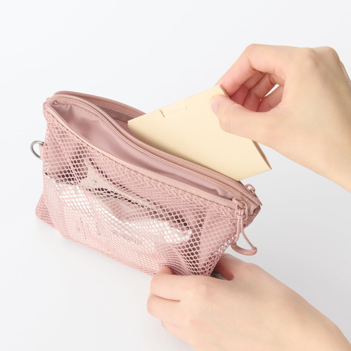 MUJI Polyester Double Zip Case M, Mesh Pouch about 13.5 x 19 cm with Zip Pull Ring, Pink, Grey, Khaki or Black