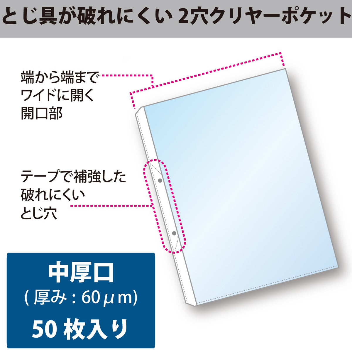 Kokuyo A4 Clear Pocket Refill Pages, Two-Hole Wide-Opening Pockets, 230 x 302 mm Sheet with 299 x 213 mm Pocket, 0.06, 0.08 or 0.12 mm Film, 20 or 50 Sheets