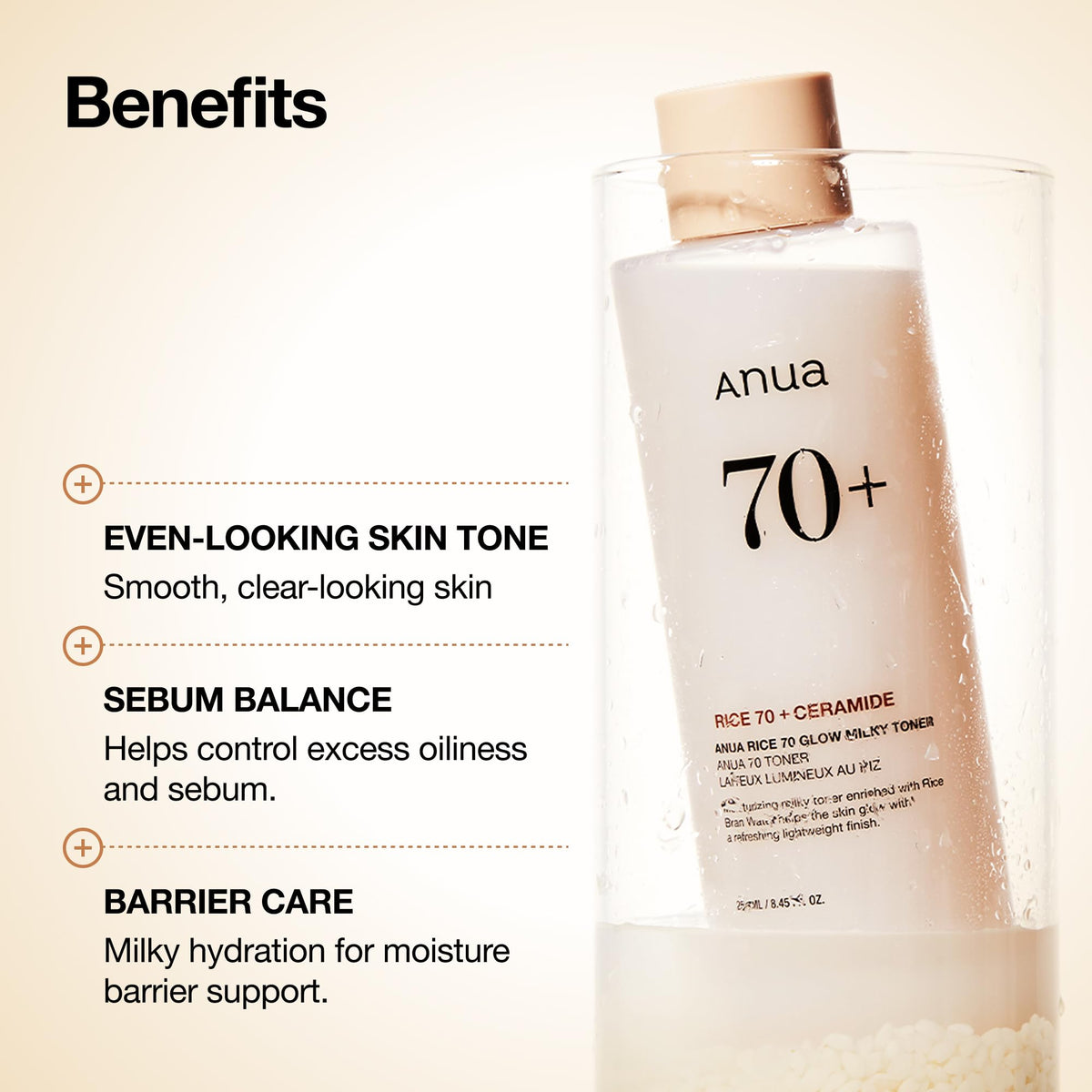 Anua Rice 70 Glow Milky Toner, Lightweight Rice Water and Ceramide Milky Face Toner for Glowing Skin, 250 mL