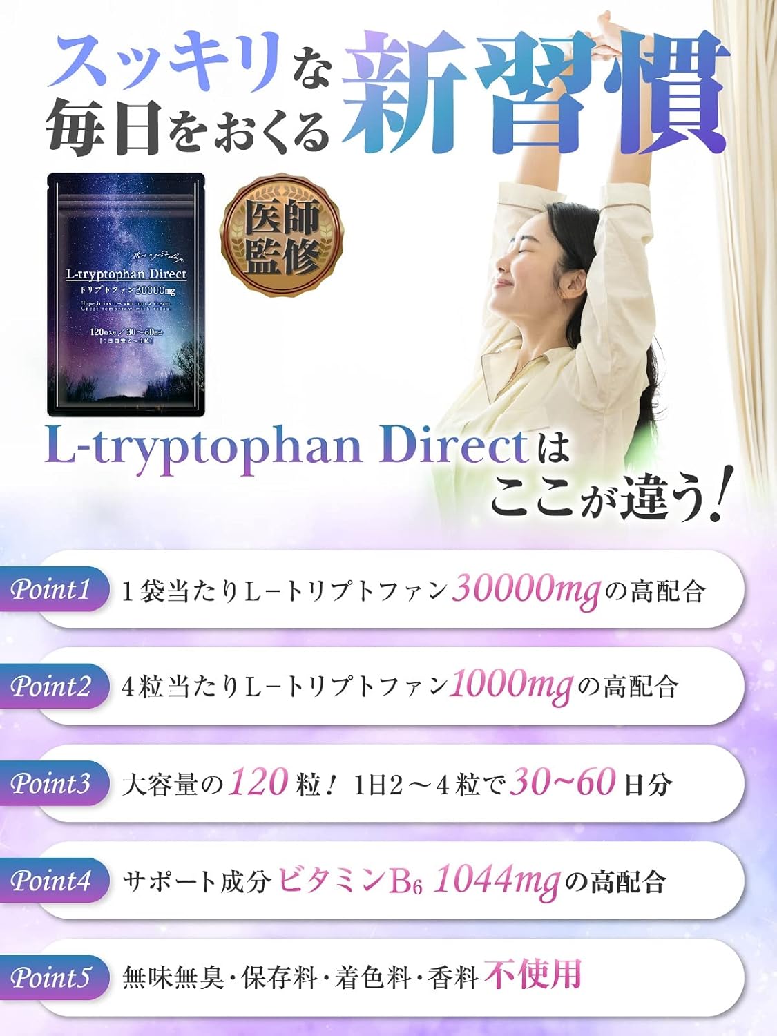 L-Tryptophan Supplement, 1 Bag, 30,000 mg, 30 to 60 Day Supply, 4 Tablets, 1000 mg, 120 Tablets, Serotonin, Vitamin B6, GMP, Made in Japan