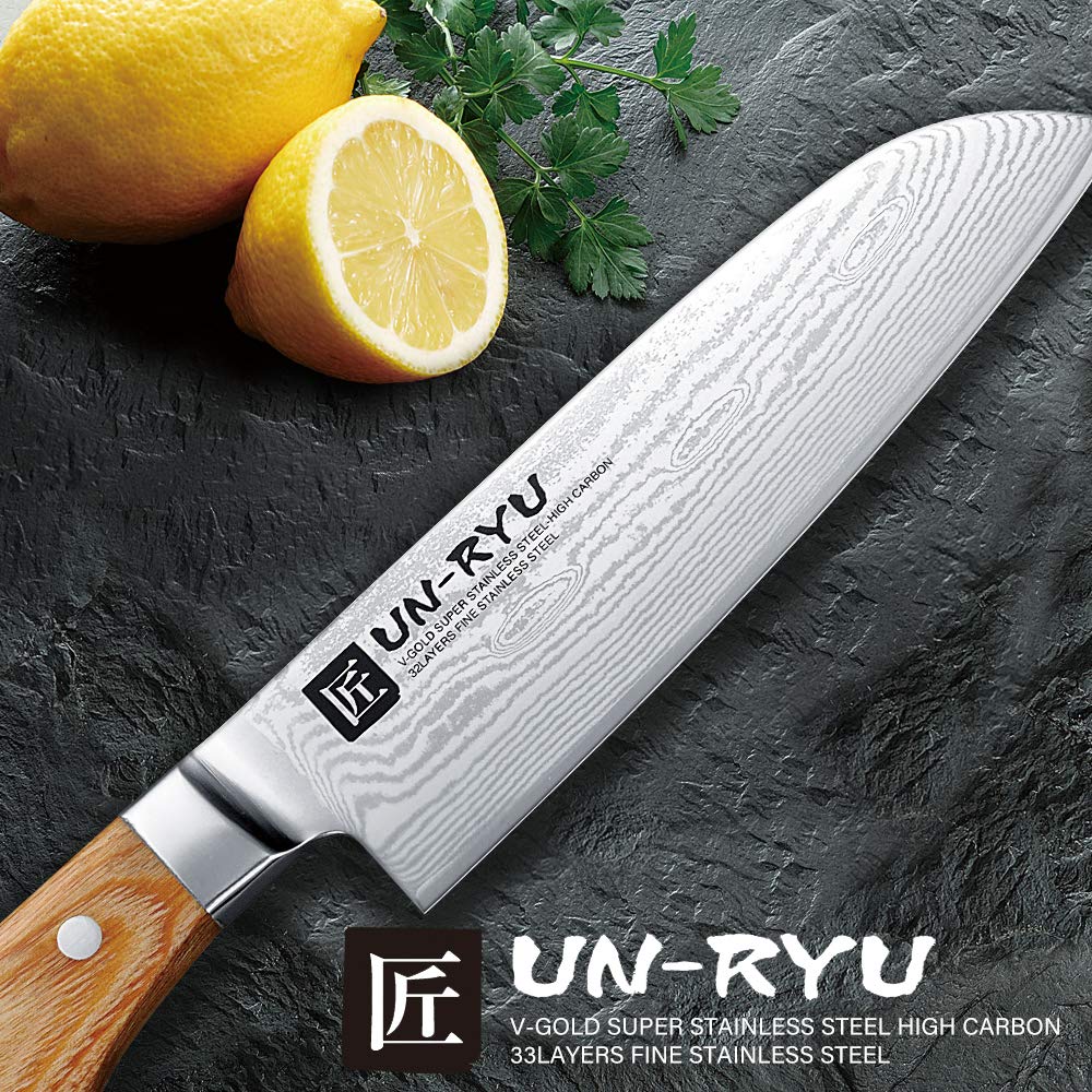 Shimomura Un-Ryu Middle Santoku Knife 150 mm, VG10 33-Layer Damascus (UNR-02)
