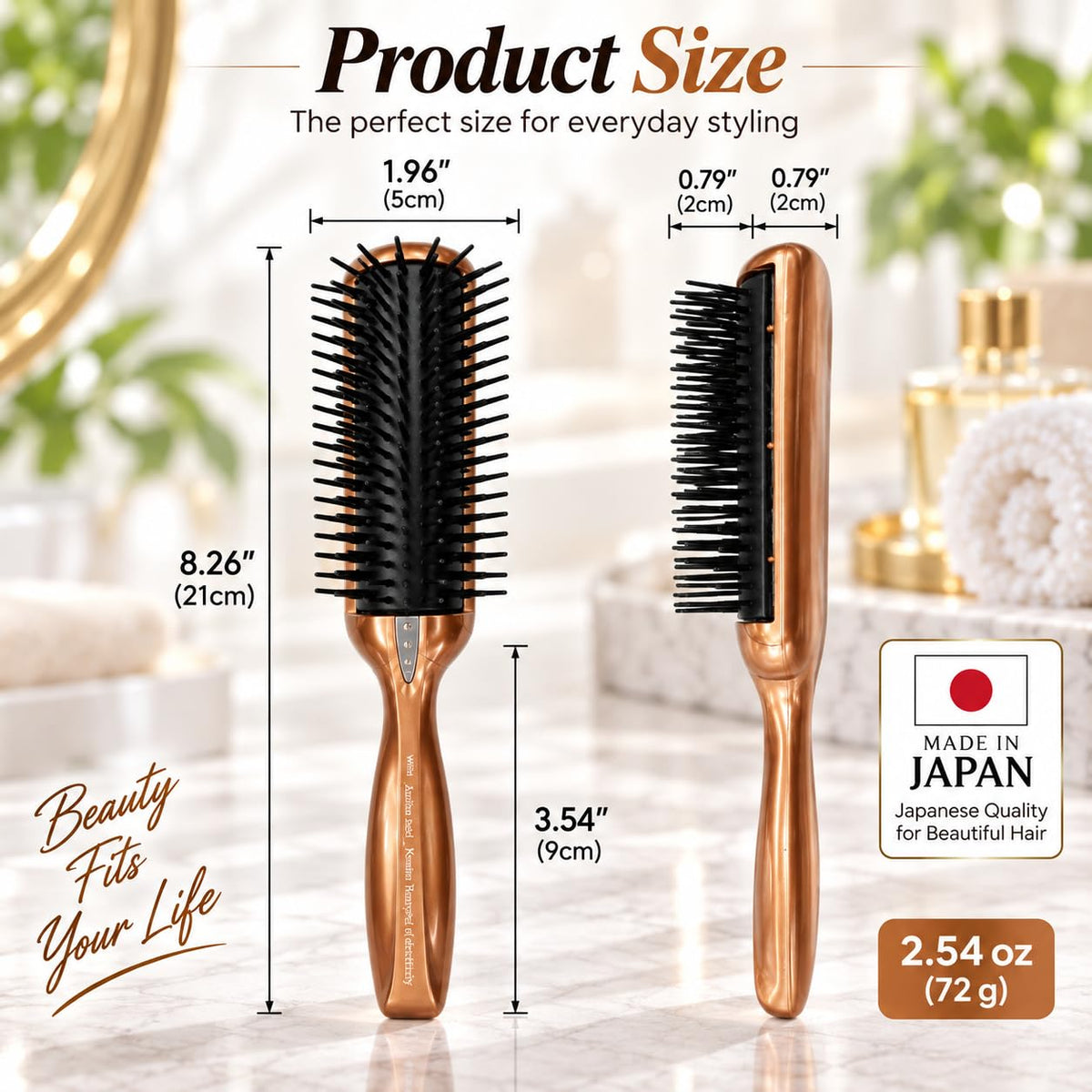Anti-Static 7-Row Curly Hair Brush with Electric Ground Plate and Nasron Fiber, Gold or Pink, Made in Japan