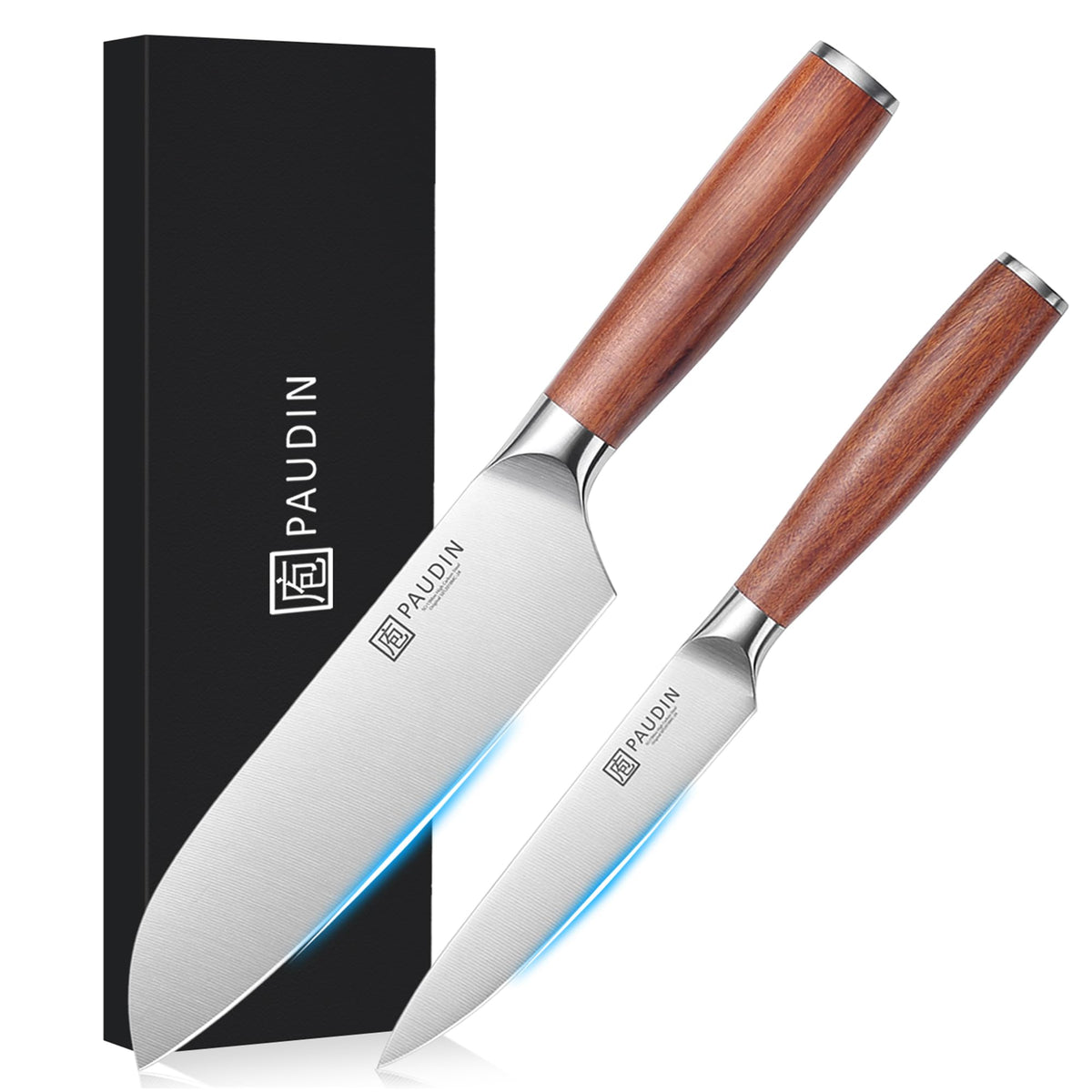 PAUDIN Santoku and Petty Knife 2-Piece Set, 5Cr15Mov Stainless, Natural Wood Handles, 1 or 2 Sets