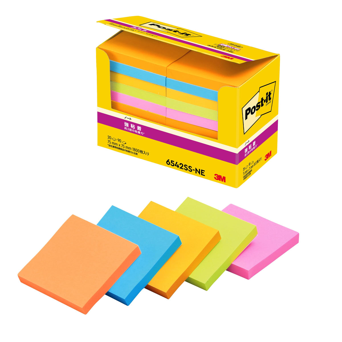 3M Post-it Strong Adhesive Sticky Notes 75 x 75 mm, 90 Sheets per Pad, Neon or Pastel Colours, Packs of 5, 6, 10, 20 or 40 Pads