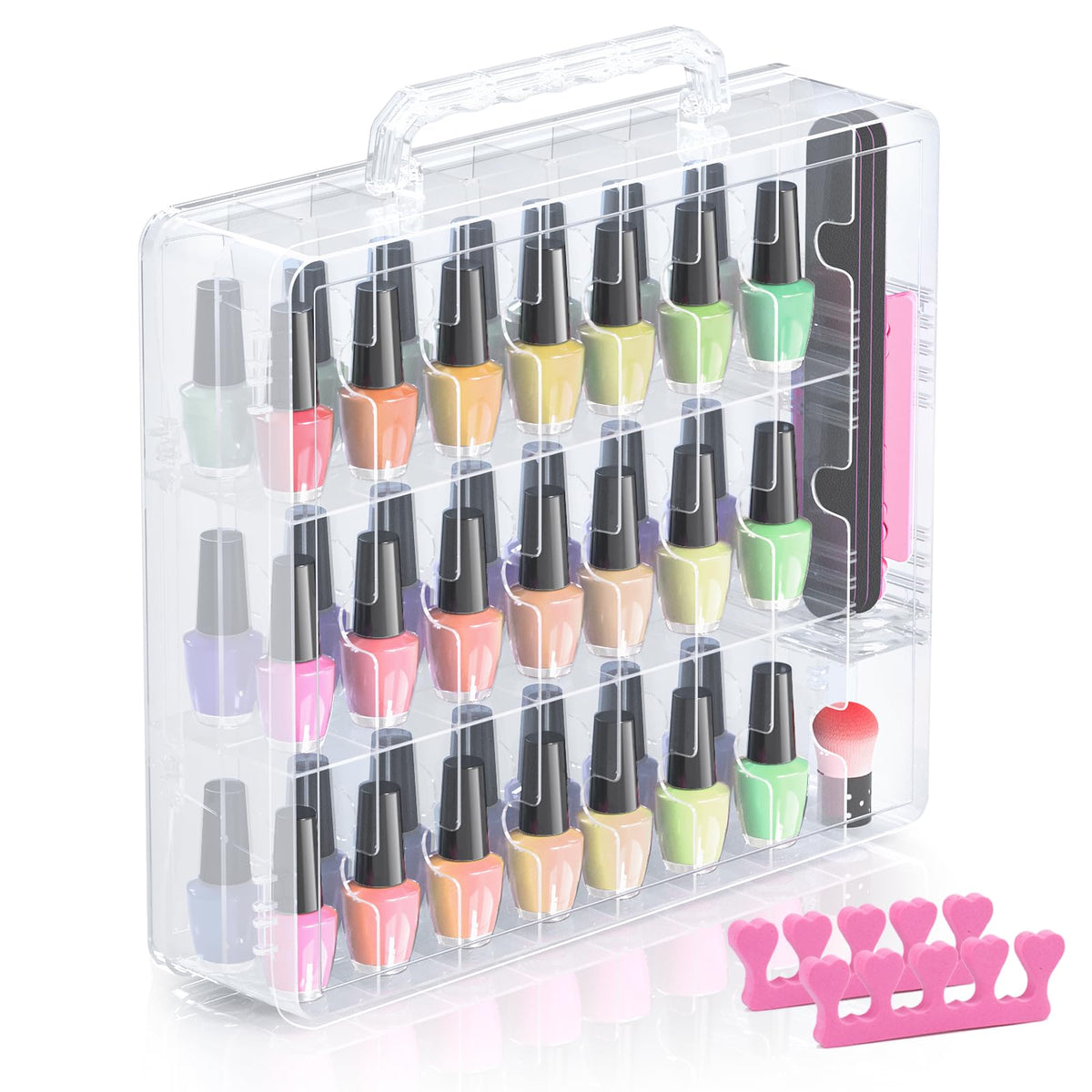 Beloving Clear Nail Polish Organizer for 48 Bottles, Double-Sided Portable Polish Storage Case with 6 Adjustable Spacers