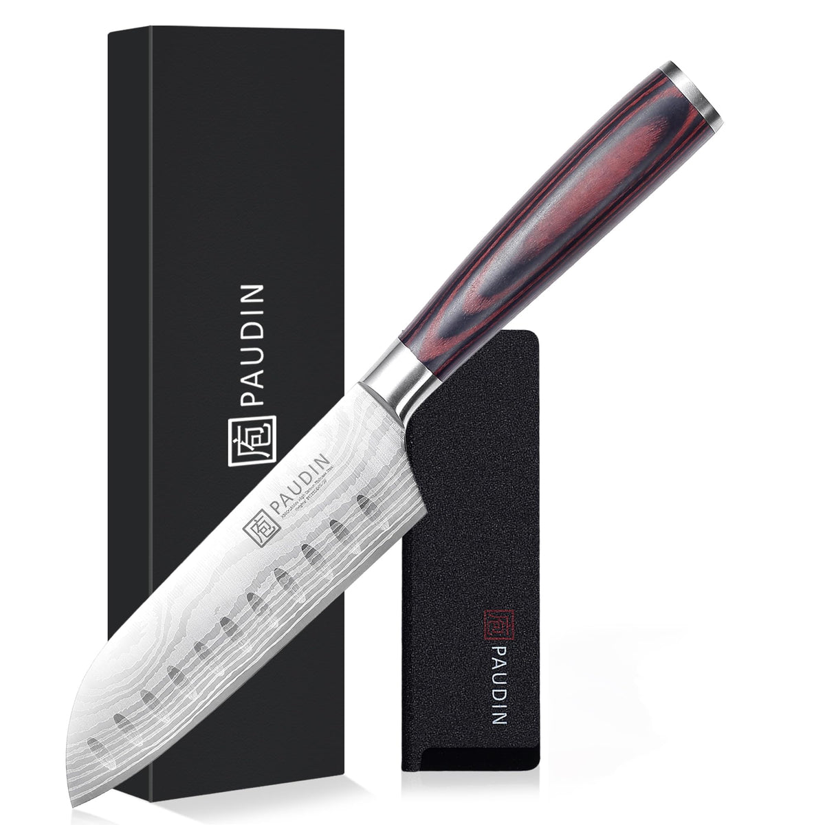 PAUDIN Small Santoku Knife 130 mm, 5Cr15Mov Stainless, Etched Pattern, Wood Handle, 1 or 2 Knives