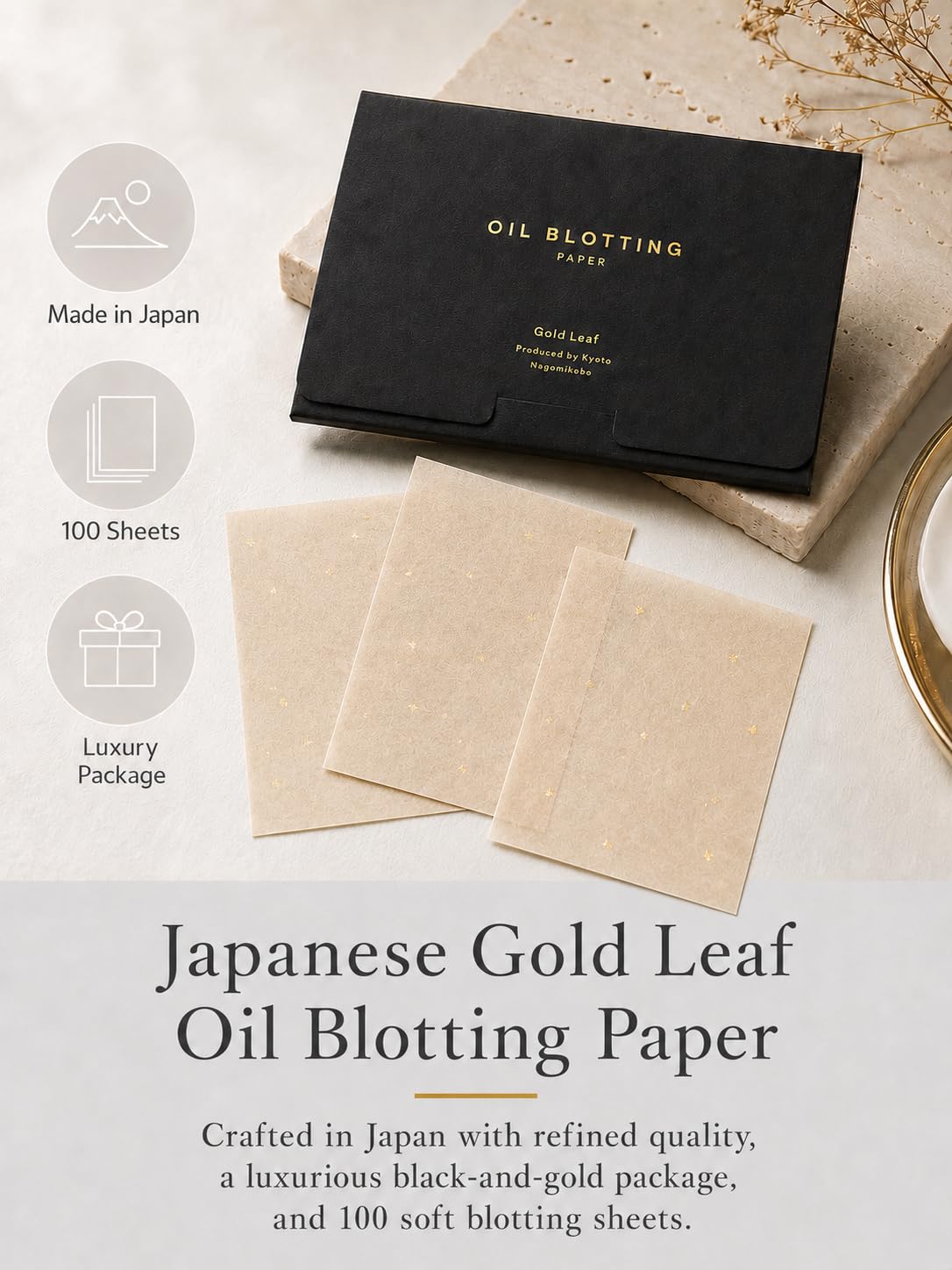Gold Leaf Style Japanese Oil Blotting Paper, 100 Sheets in a Black and Gold Box, Mino Washi, Made in Japan