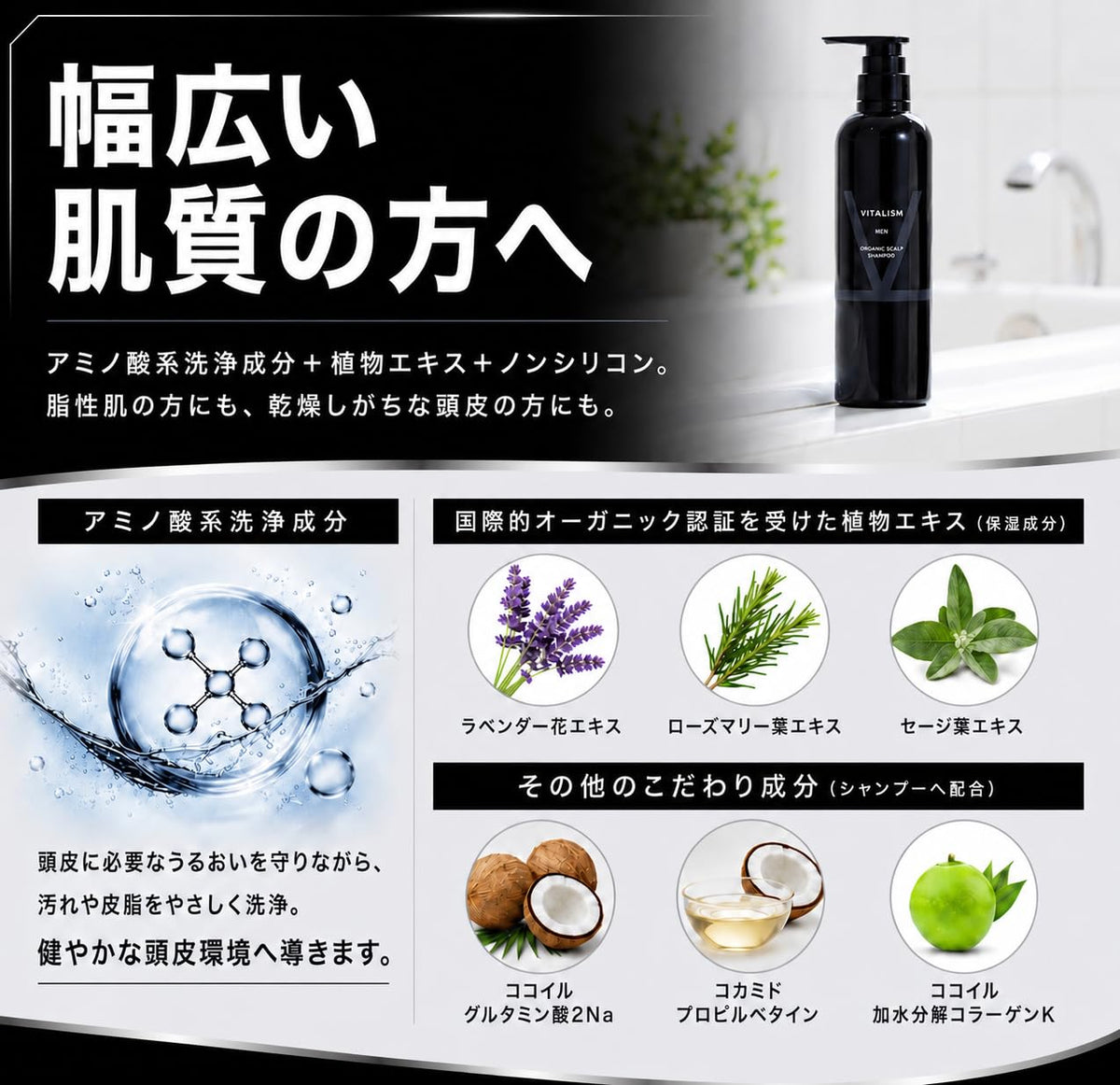 Men's Organic Scalp Shampoo, Silicone-Free Amino-Acid Scalp Shampoo for Oily, Dry and Combination Scalps, Citrus Green Scent, 500 mL or 350 mL
