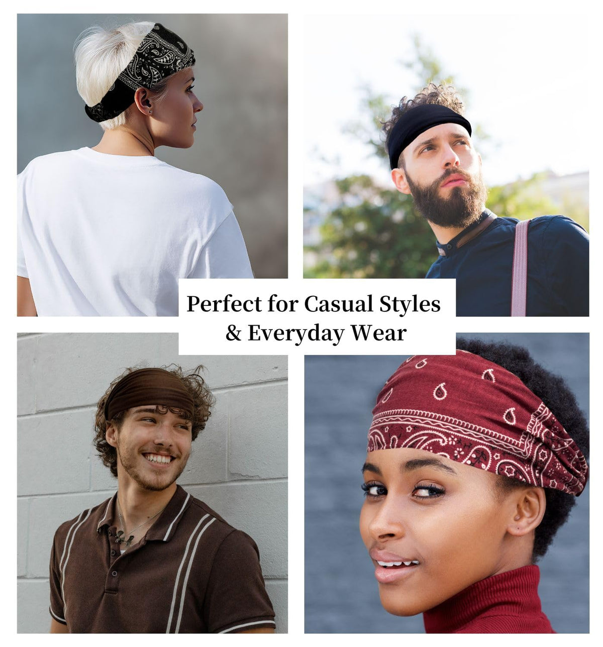 Elastic Bandana Headband for Women and Men, Wide Stretch Head Wrap in 15 Colors and Prints, One Size