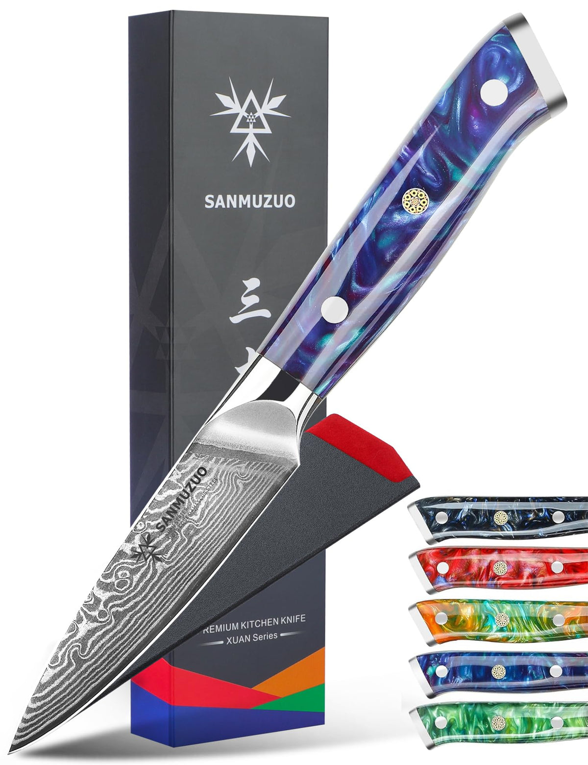 SANMUZUO Xuan Series 3.5 Inch Damascus Steel Paring Knife with Resin Handle
