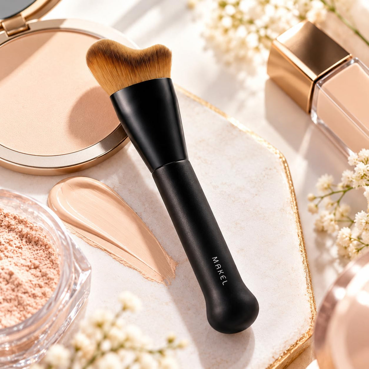 Kabuki Foundation Brush, Dual-Curve or House Shape, Dense Soft Nylon Bristles and Wood Handle for Liquid, Cream and Cushion Foundation