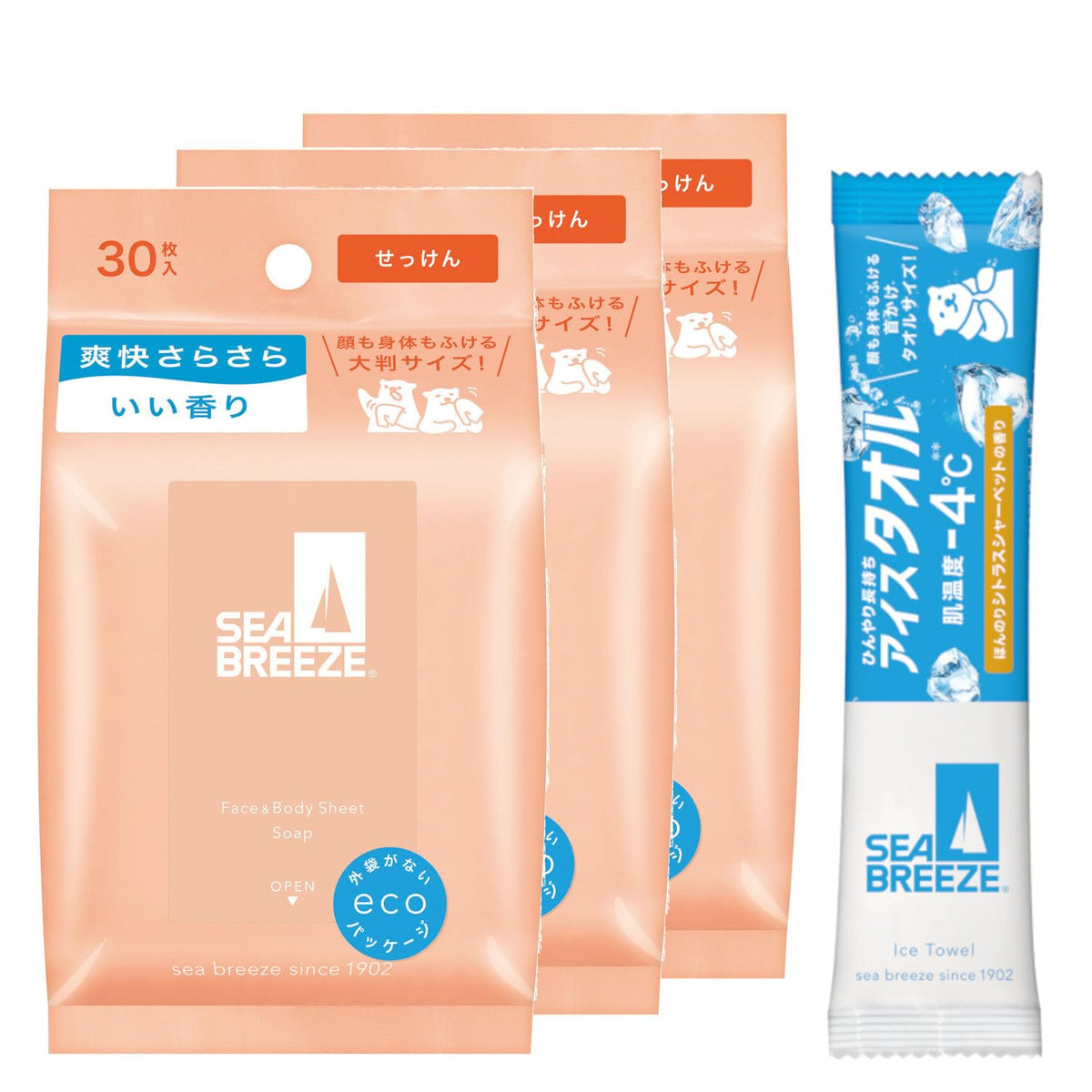 Sea Breeze Face and Body Wipe Sheets, Ice Type or Regular, 30 Sheets x 3 Set + Sample, 7 Scents