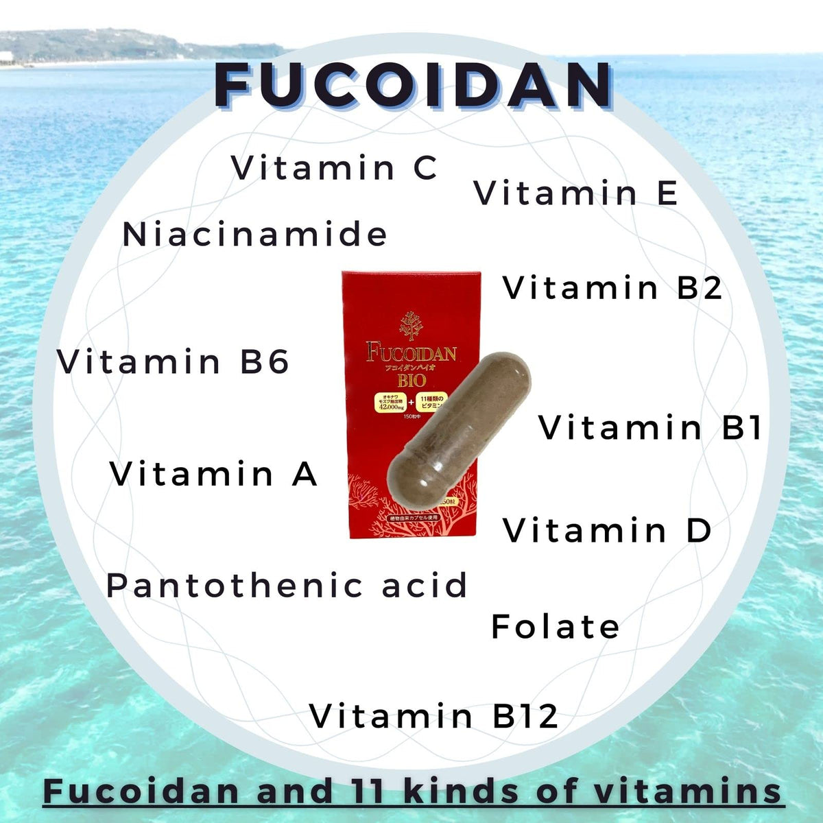 Fucoidan Bio Okinawa Mozuku Extract Capsules with 11 Vitamins, 150 Capsules for 30 Days, Made in Japan