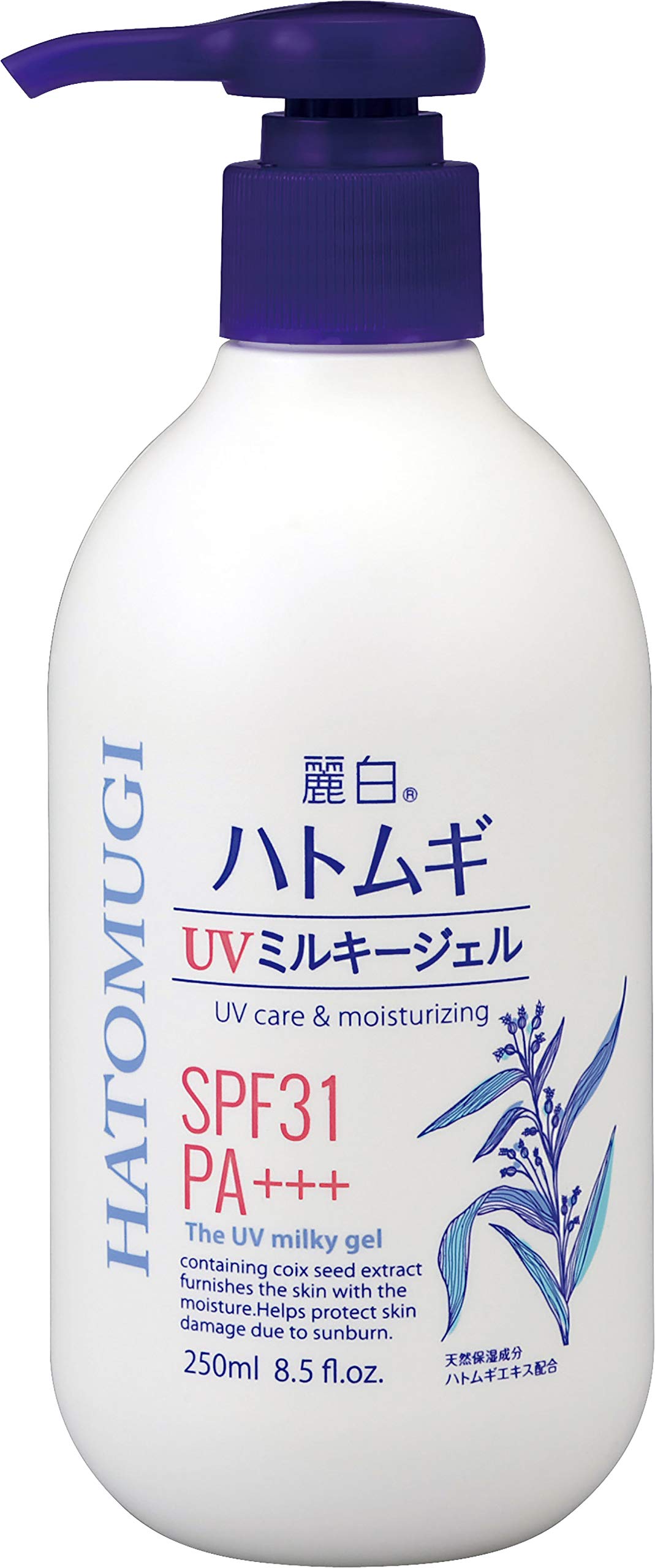Reihaku Hatomugi UV Milky Gel SPF31 PA+++, Moisturising Sunscreen Gel with Hatomugi Seed Extract and Hyaluronic Acid for Face and Body, Large 250 mL Pump Bottle