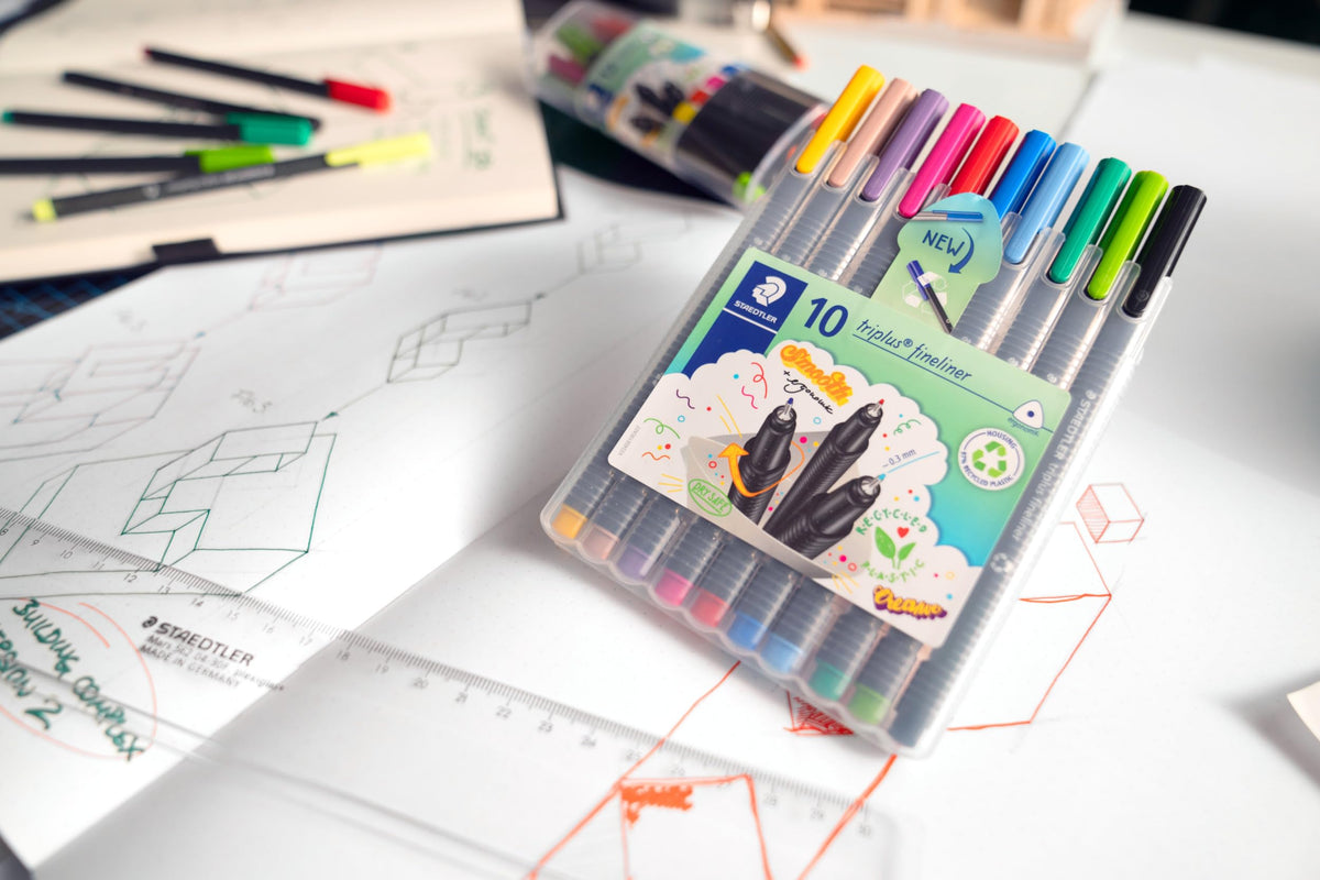 STAEDTLER Triplus Fineliner 334 Water-Based Pens, 0.3 mm Triangular Grip, Dry-Safe Ink, Sets of 4 x 2, 6 Pastel, 10 or 60 Colours, Made in Germany