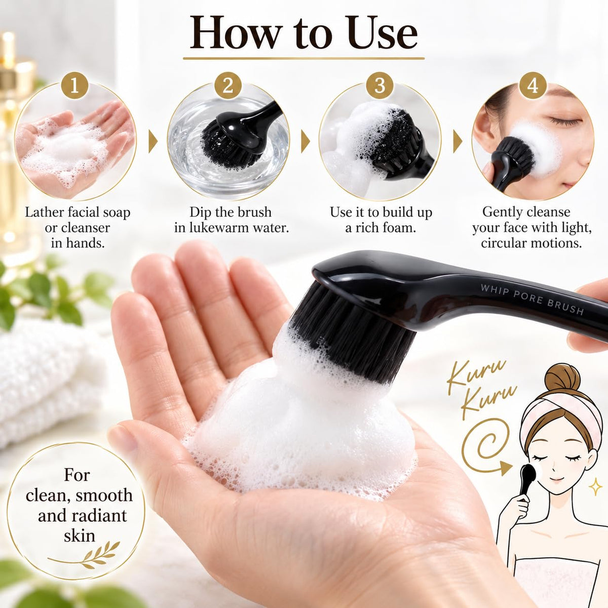 Ultra Fine Bristle Pore Cleansing Face Brush, Whip Pore Brush, Black, Made in Japan