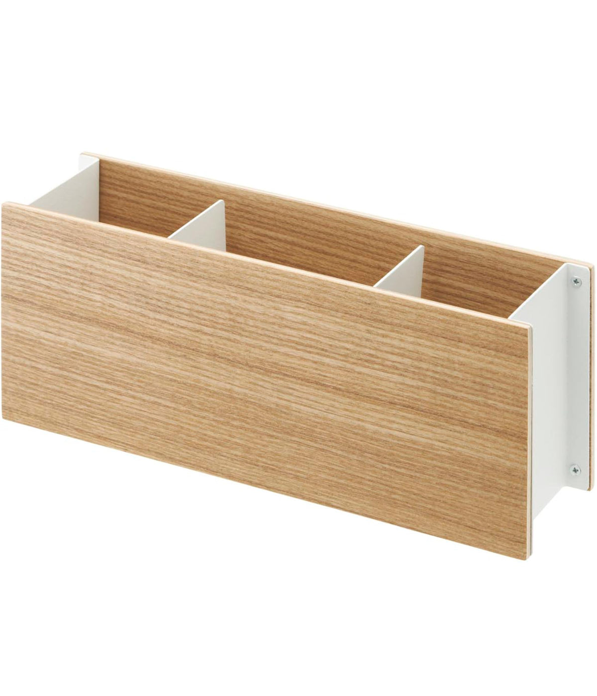 Yamazaki Rin Pen and Remote Control Rack, Wood-Fronted Steel Organizer with Three Compartments, 25 x 7 x 10.2 cm and 500 g, Brown or Natural