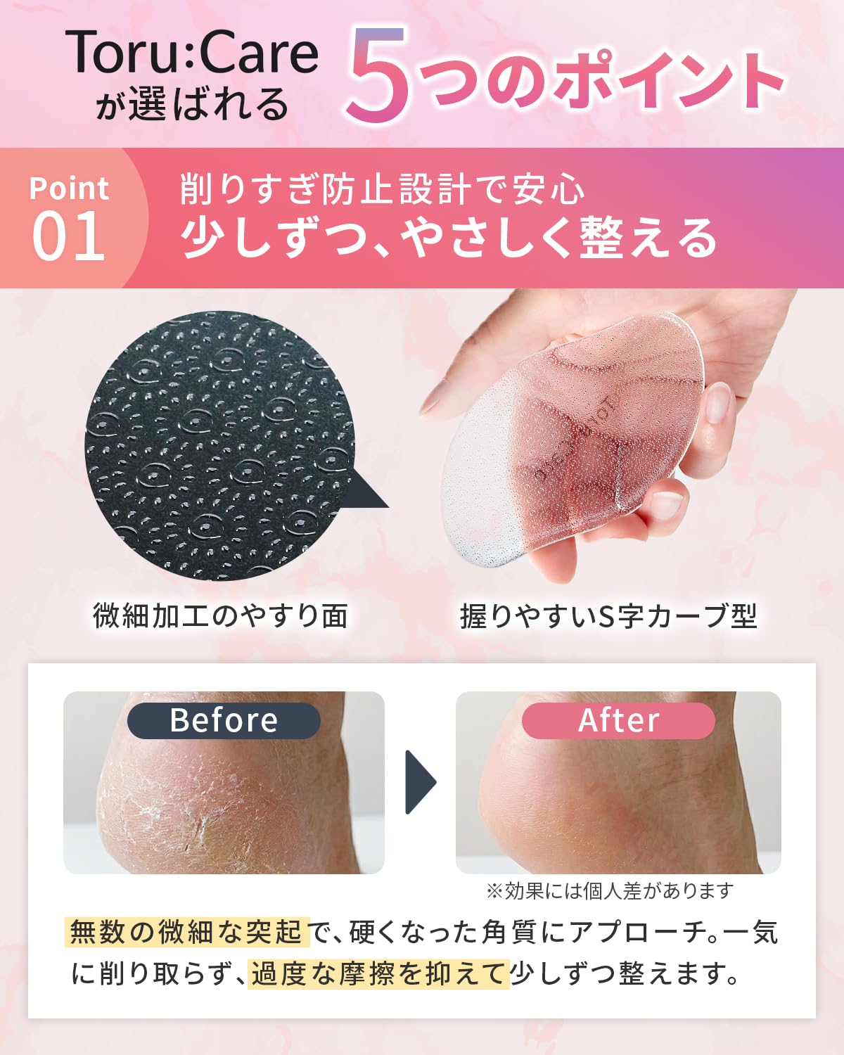 Tsukiori Toru:Care Glass Heel File, Gentle Foot Callus Remover with Fine Glass Surface and Case, Washable, Clear or Gradient Black