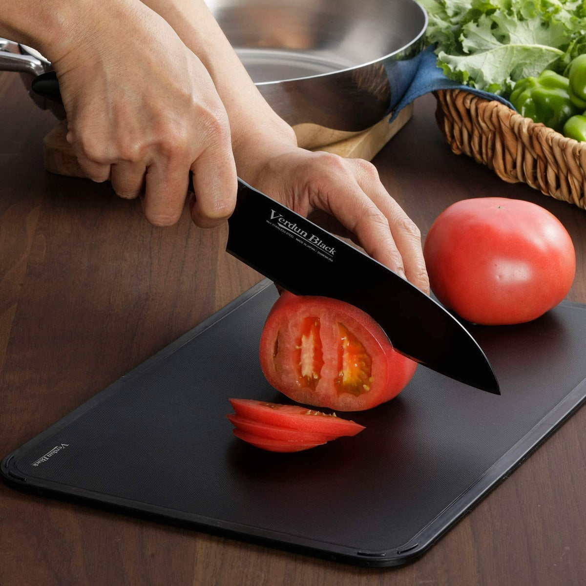 Shimomura Verdun Black Santoku Knife And Soft Sheet Cutting Board Set