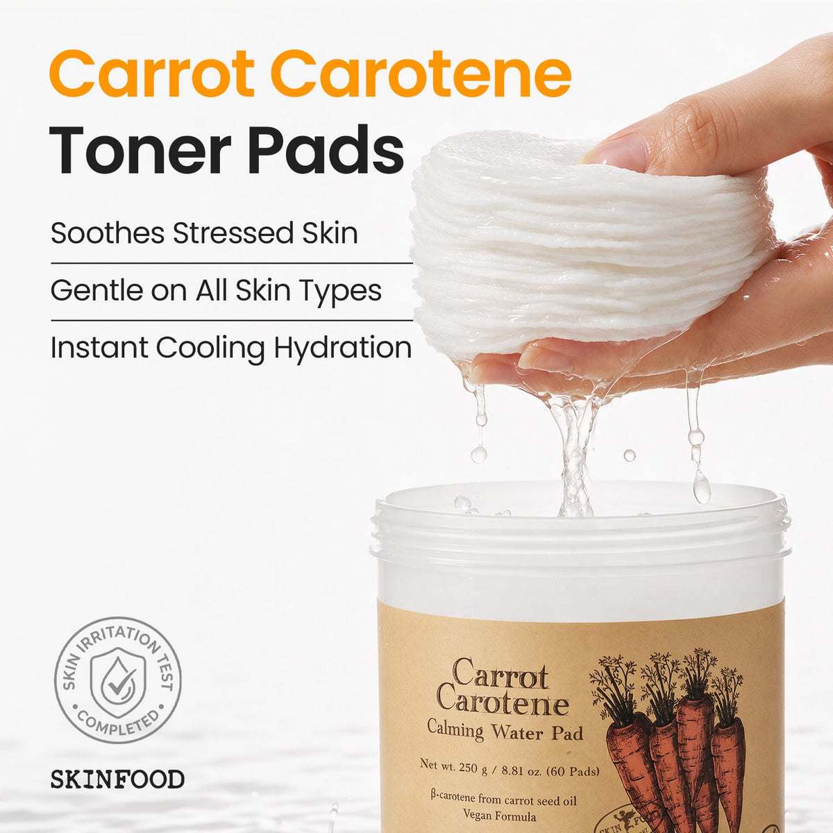 Skinfood Carrot Carotene Calming Water Pad, Thick Cotton Toner Pads with Carrot Seed Oil and Panthenol, 60 Pads, 250 g