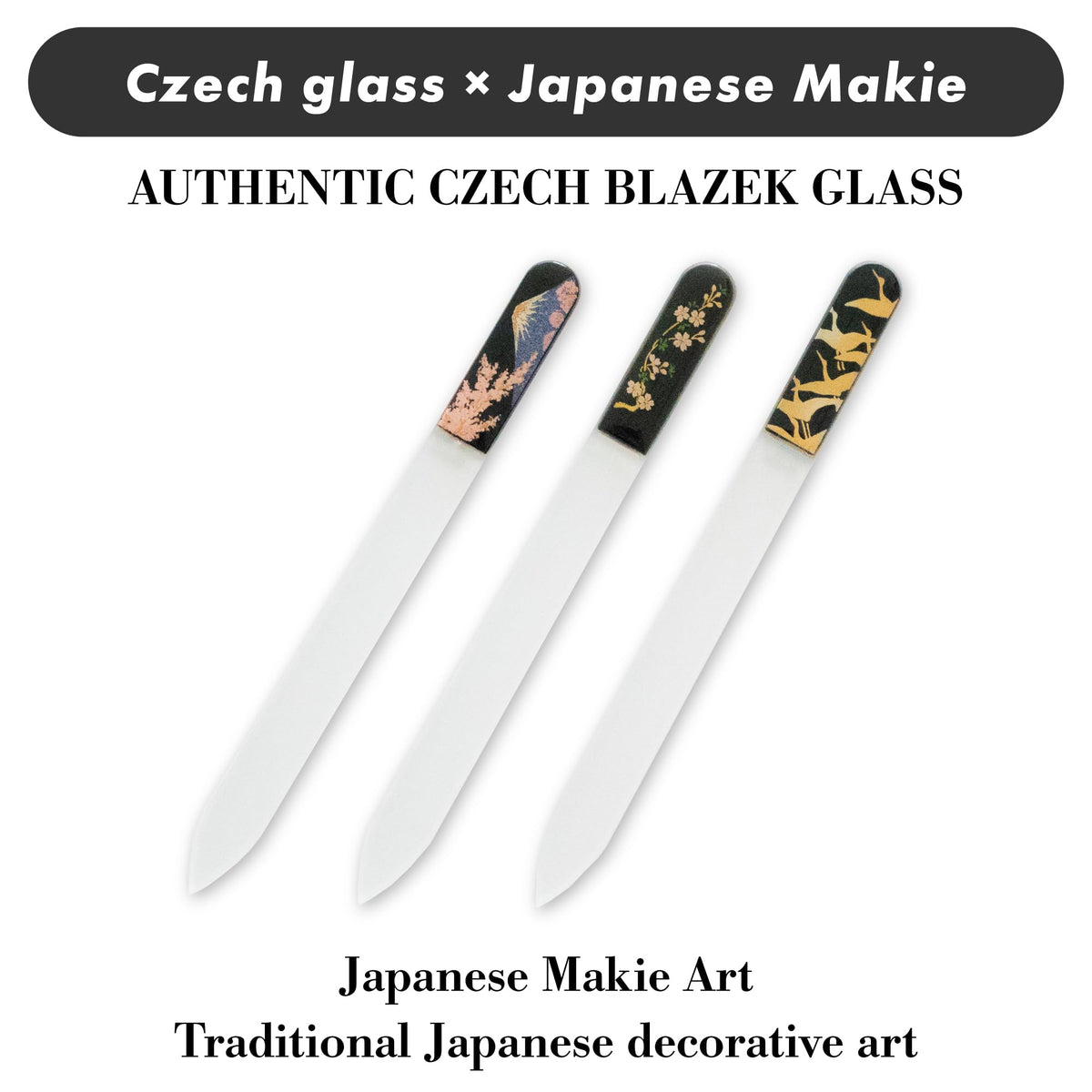 Czech Glass Nail File with Japanese Maki-e Lacquer Art, Boxed Crystal Nail File in Three Designs: Thousand Cranes, Mt. Fuji and Sakura, Weeping Cherry