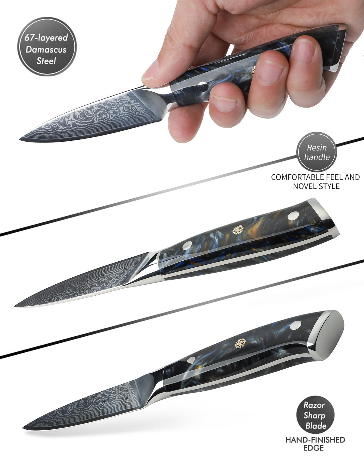 SANMUZUO Xuan Series 3.5 Inch Damascus Steel Paring Knife with Resin Handle