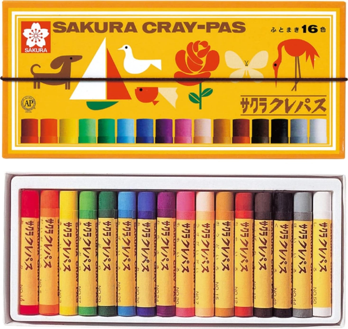 SAKURA Cray-Pas 16 Colour Oil Pastel Set with Elastic Band LP16R, Soft Thick Sticks 11 x 71 mm, Single Box or 2 Boxes