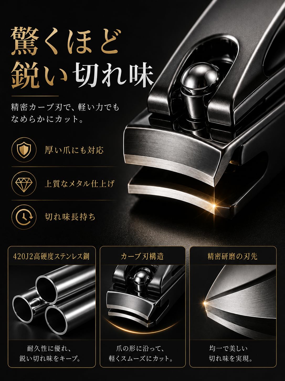 WFW Nail Clipper, Black Stainless Steel Nail Clippers with Curved Blade, Splatter Guard and Built-in File for Hands and Feet