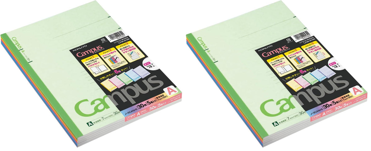 Kokuyo Campus Notebook 5-Pack in 5 Assorted Colours, Semi-B5 No. 6, 30 Sheets Each, 179 x 252 x 4 mm, 7 mm A-Rule or 6 mm B-Rule, 5 or 10 Books