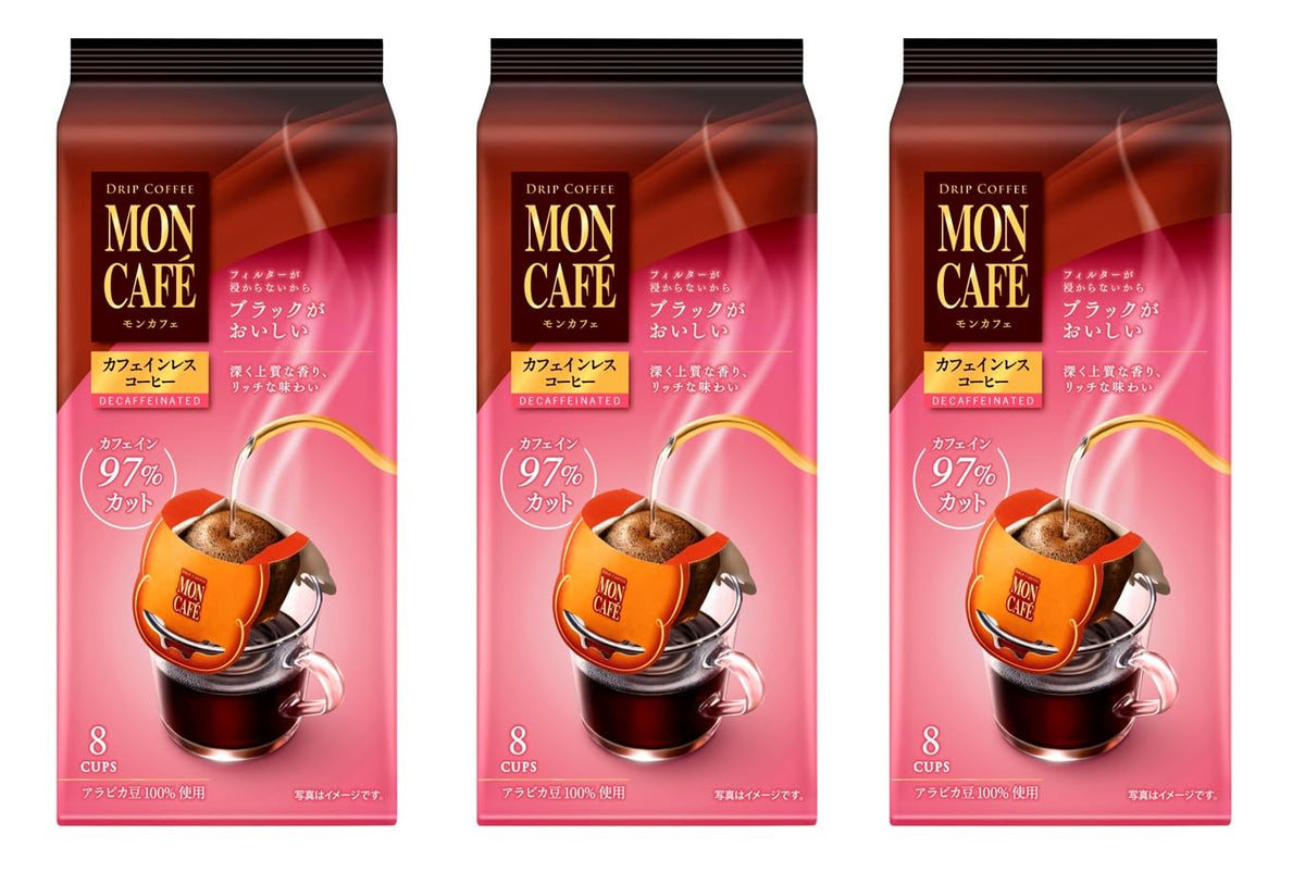 Kataoka Mon Cafe Decaffeinated Drip Coffee, 8 Cup-On Drip Bags, 97% Caffeine Removed, 100% Arabica