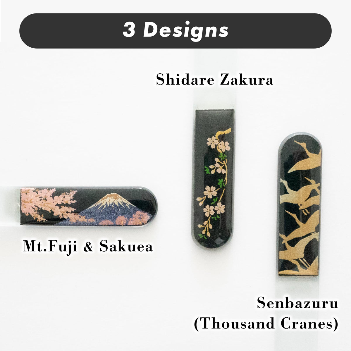 Czech Glass Nail File with Japanese Maki-e Lacquer Art, Boxed Crystal Nail File in Three Designs: Thousand Cranes, Mt. Fuji and Sakura, Weeping Cherry