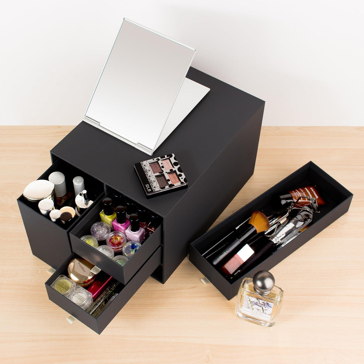 PLUS Desk Organizer Living Post LP-304YL, L Size Board Storage Box with Deep Box and 3 Drawers, 203 x 270 x 174 mm, Matte Laminated Paper, Black, Cream White or Brown