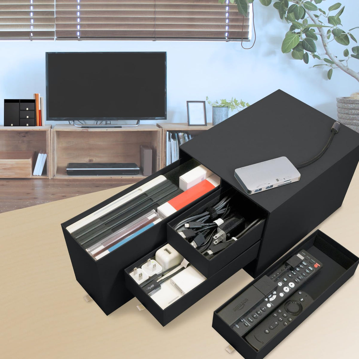 PLUS Desk Organizer Living Post LP-304YL, L Size Board Storage Box with Deep Box and 3 Drawers, 203 x 270 x 174 mm, Matte Laminated Paper, Black, Cream White or Brown