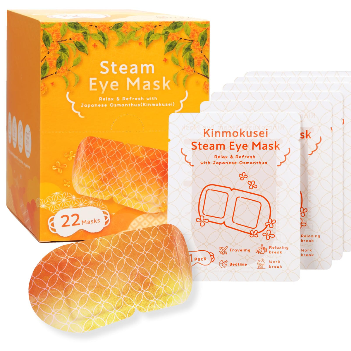 Hibino Kinmokusei Steam Eye Mask, Self-Heating Warm Eye Masks with Osmanthus Scent, Disposable, 22 Individually Wrapped Masks