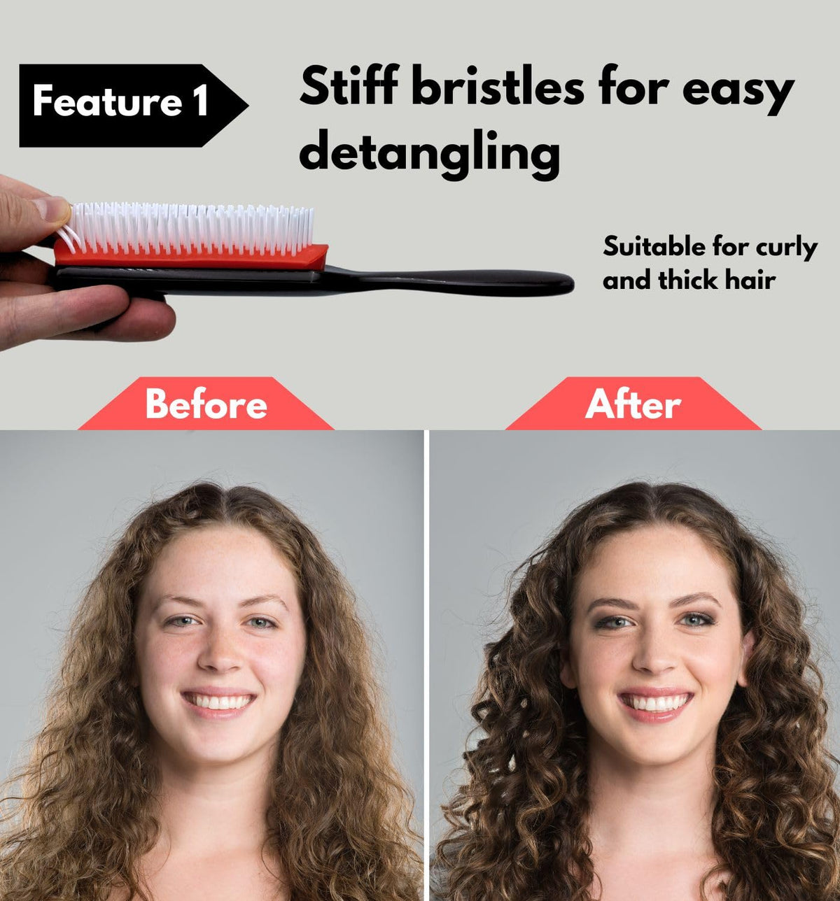 Classic 9-Row Detangling Hair Brush for Curly, Wavy and Thick Hair, Set of 2, Black