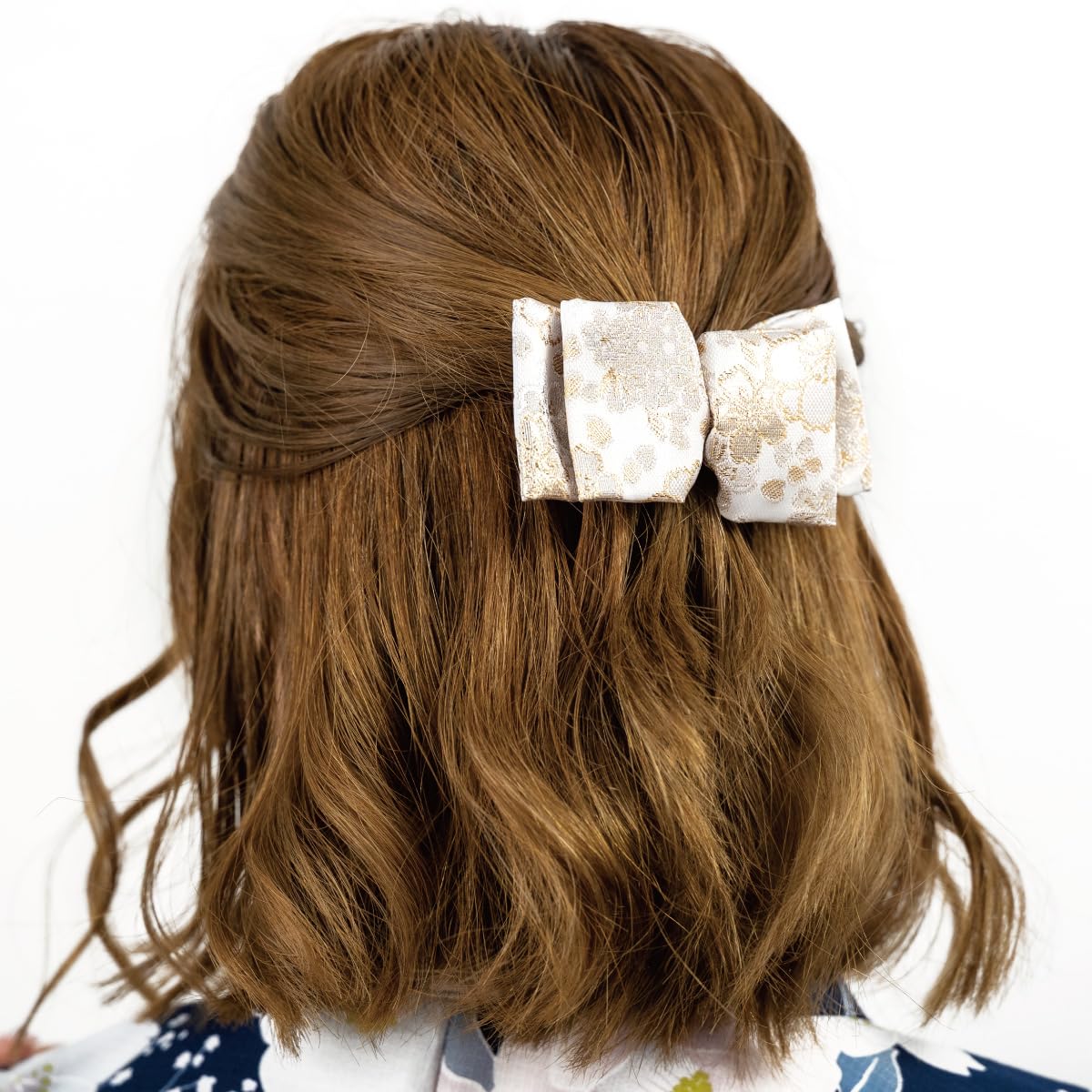 Nishijin-Ori Ribbon Hair Barrette for Women, Made in Japan Kyoto Gold Brocade Floral Bow Hair Clip