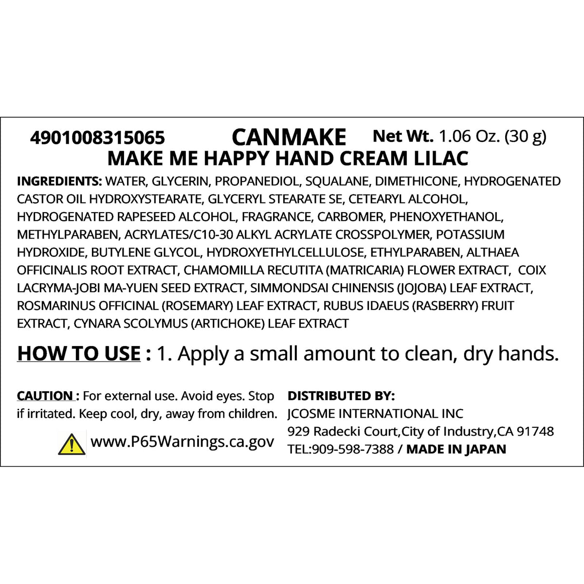 Canmake Make Me Happy Hand Cream, Scented Moisturising Hand Cream Free from Ethanol and Petroleum Surfactants, 30 g