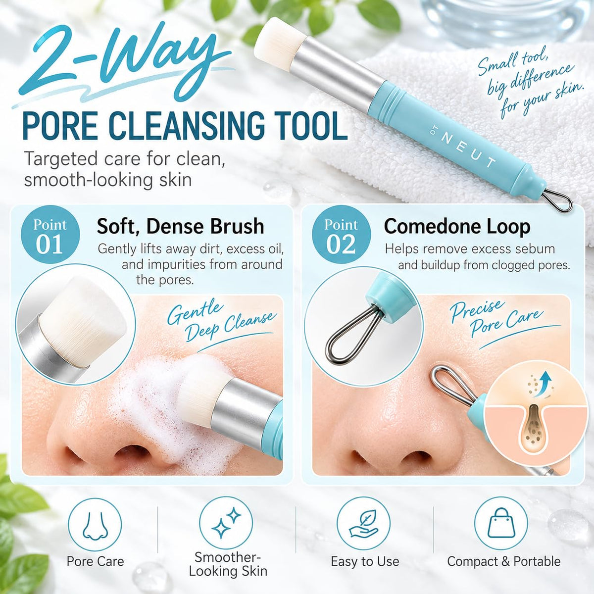 Facial Pore Cleansing Brush, Diamond-Shaped Face Wash Brush or Two-Way Nose Pore Brush with Comedone Loop, Designed in Japan, Made in China