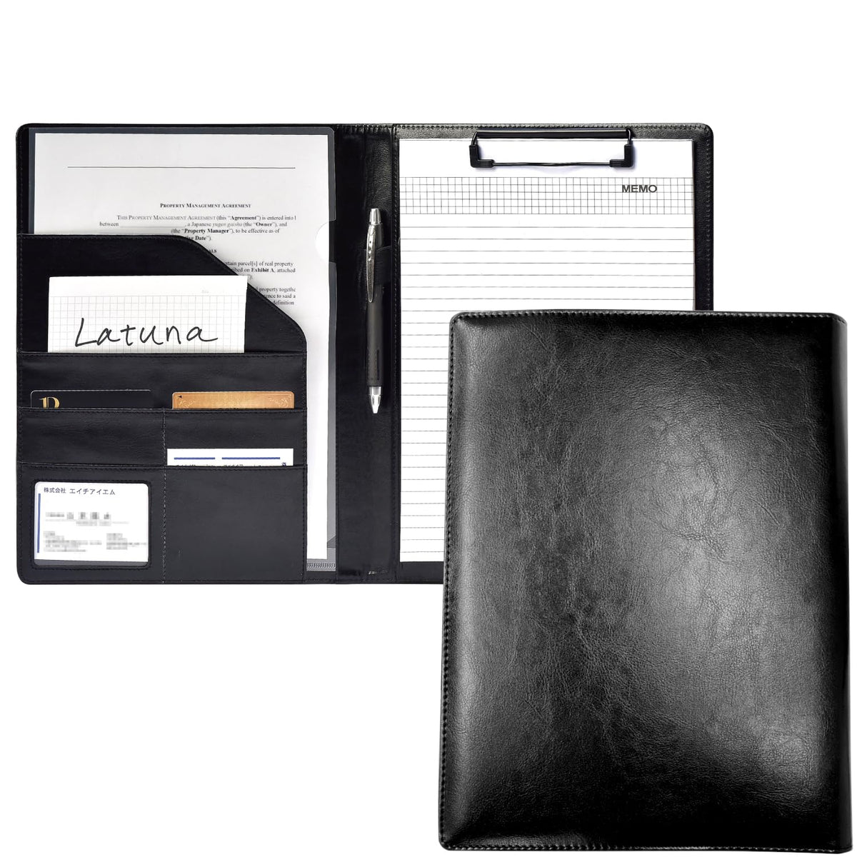 Latuna A4 Folding Clipboard Binder, Two-Fold Leather Binder with Quiet Clip for About 60 Sheets, Card Pockets and Pen Holder, 32 x 24.5 x 2 cm, Black, Navy or Brown